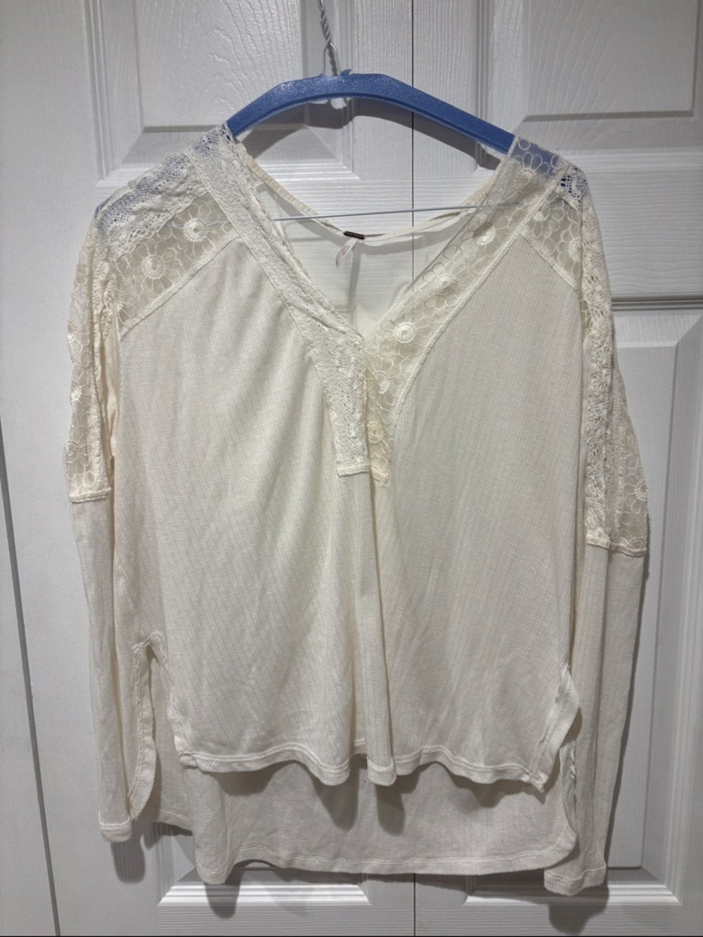 Free people Cream Lace-Trim Long Sleeve Top